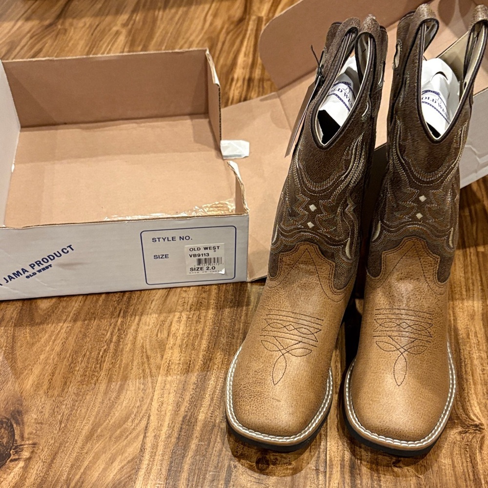 Old West Kids Tan and Brown Boots -2D